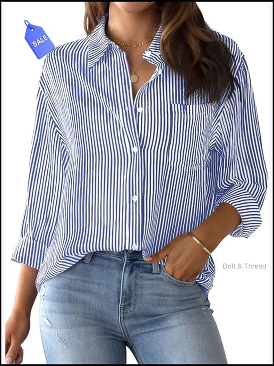 Tops - Women's Striped Button Down Long Sleeve Blouse with Pocket